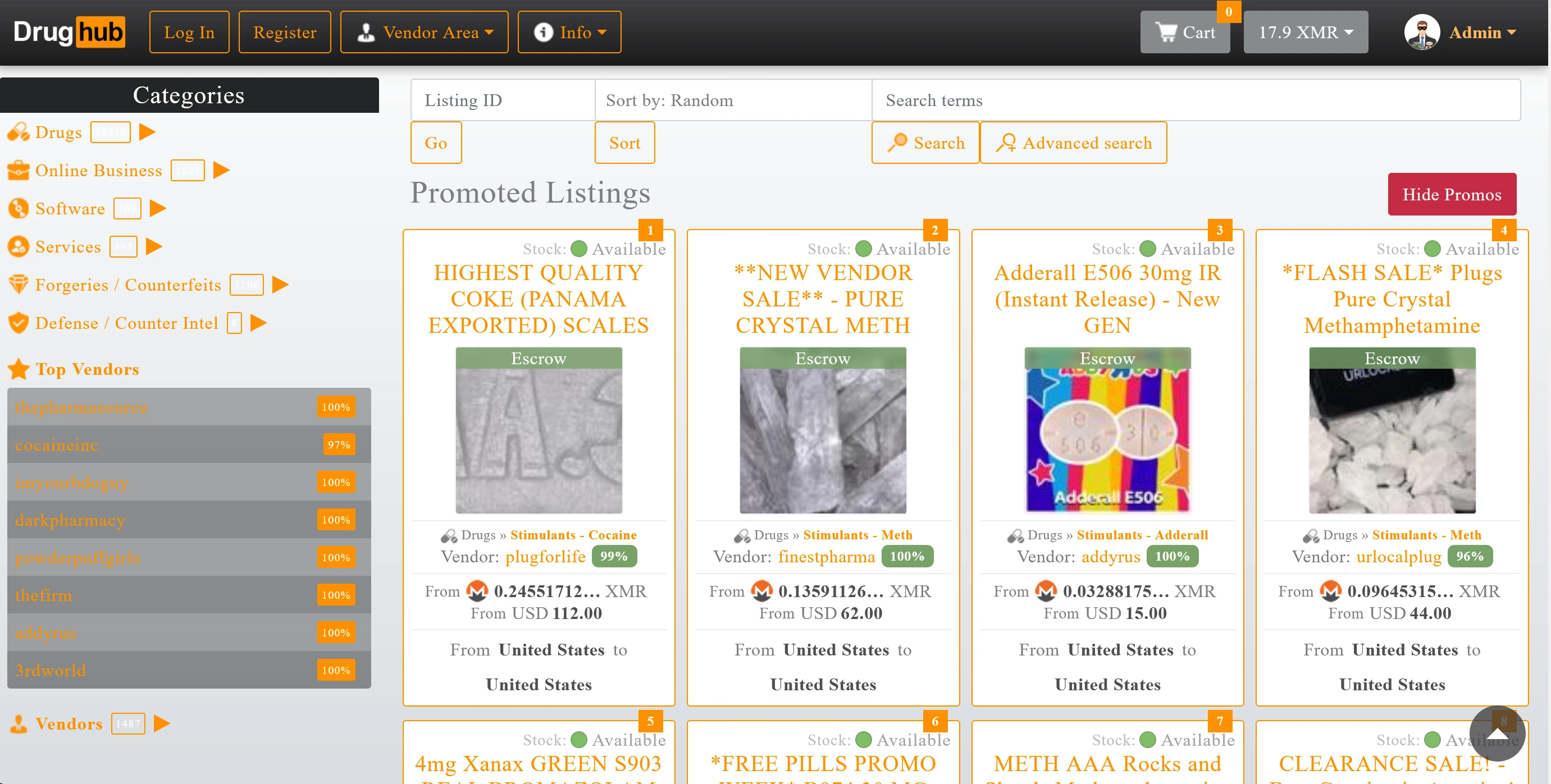 DrugHub darknet market interface showing vendor listings and navigation