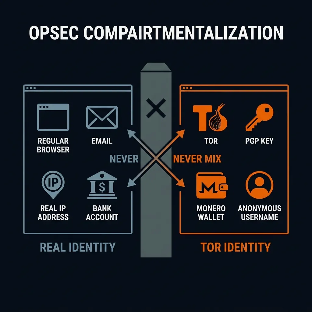 OPSEC compartmentalization diagram showing separation between real identity and Tor activity