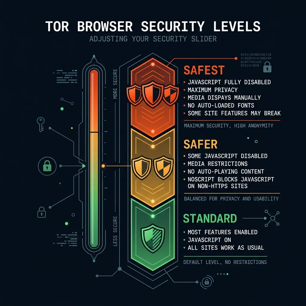 Tor Browser security level settings showing Standard Safer and Safest privacy options
