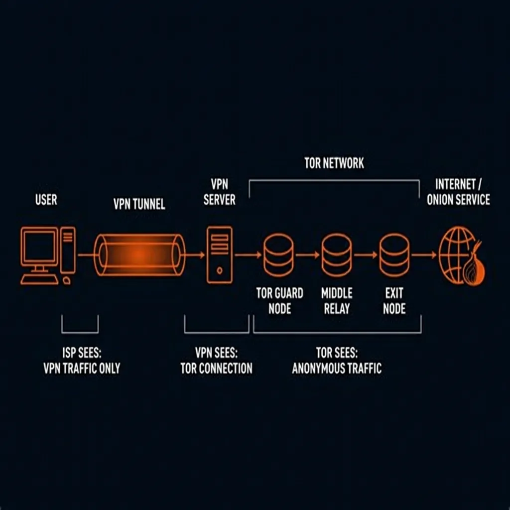 Tor-over-VPN connection architecture showing traffic flow from user through VPN tunnel to Tor network