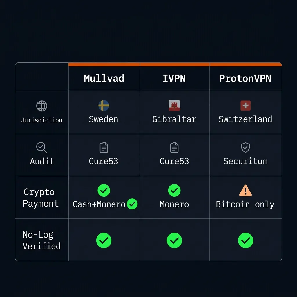 VPN provider privacy comparison table Mullvad IVPN ProtonVPN for Tor usage showing audit status and jurisdiction